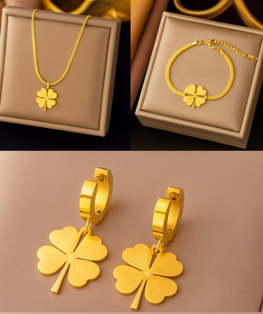 Four-Leaf Clover Necklace & Bracelet Set
