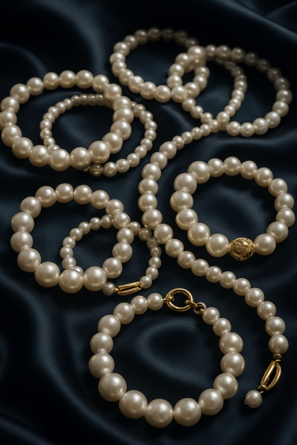Pearl necklaces with gold clasps on a dark blue fabric background