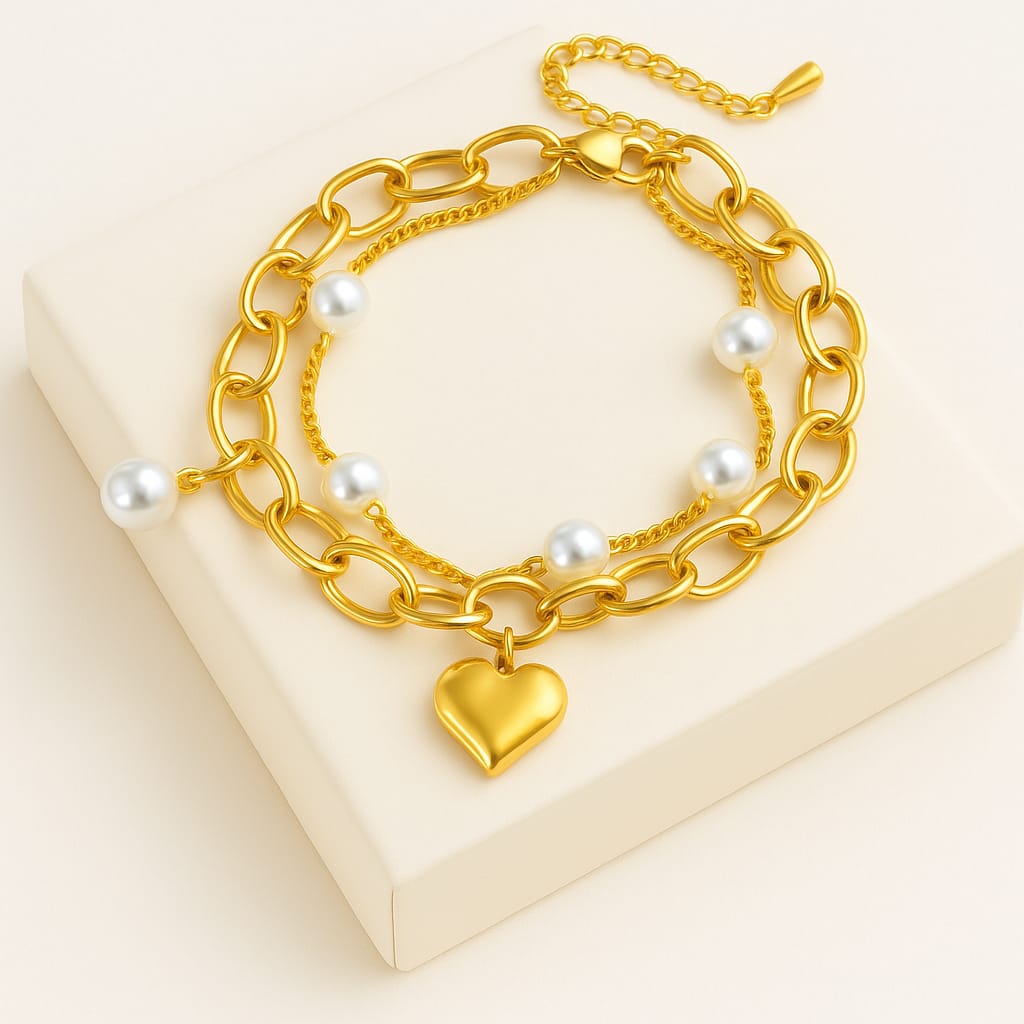 Pearl & Golden Heart Charm Bracelet